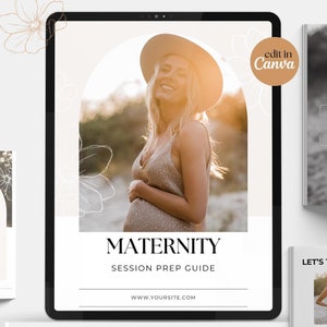 Op de afbeelding: Een digitale gids voor zwangerschapsfotoshoots. De gids bevat tips over wat te dragen, hoe te poseren en hoe je je kunt voorbereiden op de fotoshoot. De gids is ontworpen om te worden bewerkt in Canva.