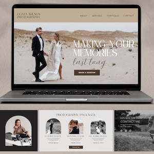Puede incluir: Un ordenador portátil que muestra un sitio web para un negocio de fotografía llamado Olivia Wilson Photography. El sitio web presenta a una pareja caminando por una playa de arena con el texto "Making your memories last long" y un botón que dice "Book a Session". El sitio web también incluye una sección para paquetes de fotografía y un formulario de contacto.