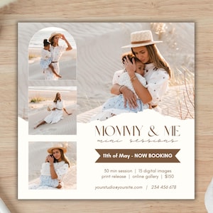 Puede incluir: Un gráfico promocional para mini sesiones de fotos "Mamá y Yo". El diseño presenta tres fotos de una madre y su hijo en una playa, con texto que indica la fecha, duración y servicios de la sesión. El gráfico está sobre un fondo beige claro.