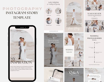 Pode incluir: Um conjunto de 10 modelos de histórias do Instagram para fotógrafos de casamento. Os modelos apresentam uma variedade de designs, incluindo uma linha do tempo, uma lista de locais, uma seção de perguntas e respostas e uma seção "Minha inspiração". Os modelos são projetados para ajudar os fotógrafos a promover seus serviços e se conectar com clientes em potencial.