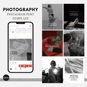 Könnte beinhalten: Instagram-Post-Vorlage mit dem Wort "PHOTOGRAPHY" oben. Die Vorlage enthält ein Telefon-Mockup mit einem Beitrag, der "NOW BOOKING" sagt. Weitere Beiträge sind "TIMELESS MEMORIES", "PHOTOSHOOT" und "FROM JUST A PHOTO TO A LIFELONG MEMORY".