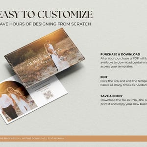 May include: A white card with a brown and gold background featuring a couple in a field. The card has the text "Olivia Wilson Photography" and "Easy to Customize, Save Hours of Designing from Scratch".