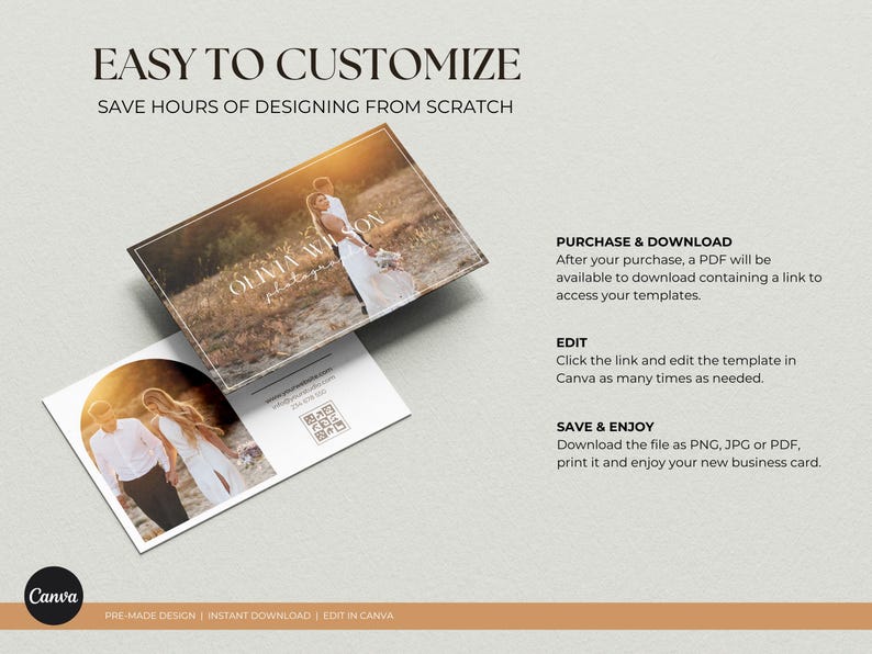 May include: A white card with a brown and gold background featuring a couple in a field. The card has the text "Olivia Wilson Photography" and "Easy to Customize, Save Hours of Designing from Scratch".