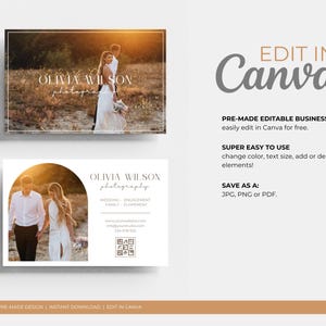 May include: A white business card with a gold arch design. The card features a photo of a couple in a field, the text "Olivia Wilson Photography", and contact information. The text "Edit in Canva" is displayed in a large font on a brown background.
