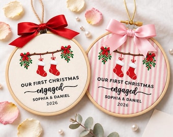 Personalized Embroidered Engagement Ornament, Custom Couple Christmas Keepsake, Our First Christmas Engaged, Marriage Gift, Wedding Hoop