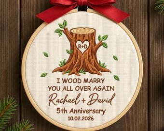 5th Anniversary Embroidered Ornament, 5th Wedding Anniversary Gift for Couple, Wood Anniversary Gift, Gift for Wife Husband, Family Keepsake
