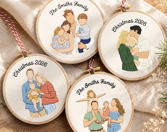 Custom Family Photo Embroidered Ornament, Personalized Embroidered Family Portrait Hoop, Keepsake Holiday Gift, Family Christmas Gifts