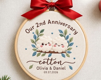 Second Wedding Anniversary Embroidered Ornament, Cotton Wedding Anniversary Gift, 2nd Wedding Anniversary Cotton, Gift for Wife Husband