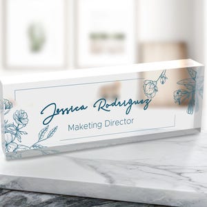 Desk Plaque, Personalized Floral Desk Name Plate, Office Acrylic Desk Decor with Name and Job Position, Coworker Gifts, Phd Gift