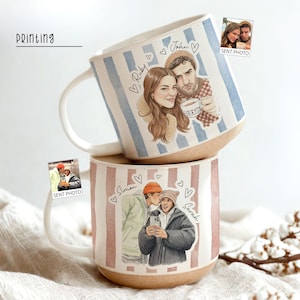 Personalized Watercolor Photo Couple Pottery Mug, Portrait Mug for Anniversary, Sentimental Gift For Couple Bestie Family, Valentine Gift