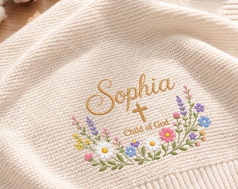 Personalized Child Of God Name Floral Embroidered Baby Blanket, Baptism Gift For Girls, Nursery Keepsake,Christian Baby Shower Blessing Gift