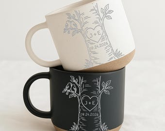 Personalized Engraved Pottery Mug For Couple, Wedding Gift, Engagement Gifts, Newlywed Gift, Custom Carved Initials In A Heart Tree Mug