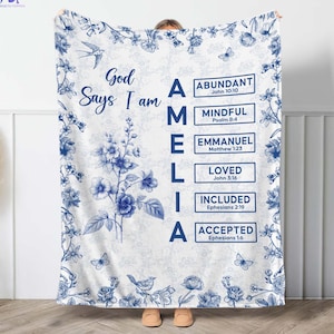 God Says I Am Toile De Jouy Blanket, Personalized Christian Name Blanket With Bible Verses, Custom Scripture Gift for Her, Religious Gift