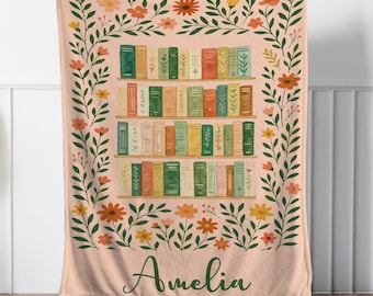 Personalized Vintage Bookshelf Library Blanket,Wildlowers Blanket Gift For Book Lover,Librarian Gift,Bookish Gift For Reader,Retirement Gift