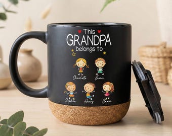 Custom Kid Names Engraved Pottery Mug for Grandpa Father's Day Gift, Personalized This Grandpa Belongs To Ceramic Coffee Mug with Grandchild