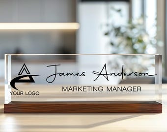 Desk Name Plate Block with Personalized Logo, Professional Office Decor, Custom Company Logo Name Plate, Office Decor, Nameplate Desk Plaque