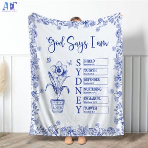 Personalized God Says I Am Name Letter In Bible Toile De Jouy Style, Personalized Christian Blanket, Scripture Throw Blanket, Religious Gift