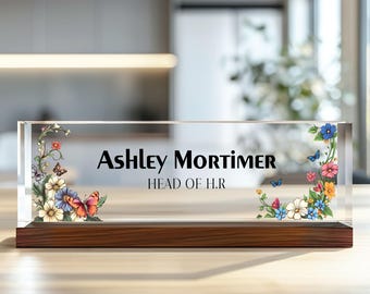 Custom Office Decor, Desk Name Plate Personalized, Flowers Designs Acrylic, Acrylic Name Plate, Gifts for Coworker, Christmas Gift for Boss
