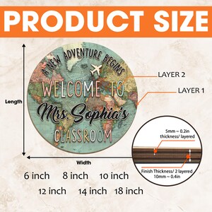 May include: A round wooden sign with a world map design, the text "WELCOME TO Mrs. Sophia's CLASSROOM" is displayed. The sign is available in various sizes, ranging from 6 inches to 18 inches in width.