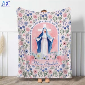 Personalized Marian Blanket, You Are Forever Protected By Mary, Throw Blanket for Children Baptism Gift, Catholic Plush Blanket