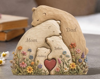 Personalized Bear Family Wooden Block, Custom Name Family Sign Home Decor, Mother's Day Keepsake, Father's Day Gift From Kids, Family Plaque