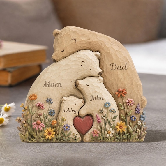 Personalized Bear Family Wooden Block, Custom Name Family Sign Home Decor, Mother's Day Keepsake, Father's Day Gift From Kids, Family Plaque