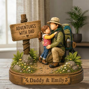 May include: A detailed figurine depicting a father and child embracing on a hiking trail. The scene includes a sign that reads "Adventures With Dad" and a base with the text "Daddy & Emily". The father wears a backpack, and the child is in a pink vest.