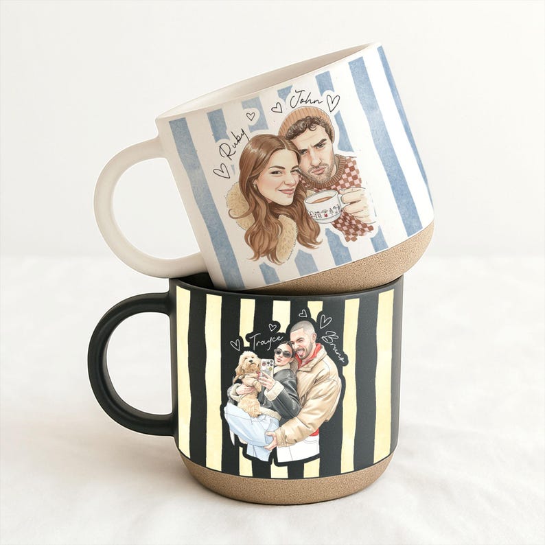 Sentimental Spring Mugs Personalized Watercolor Photo Couple Pottery Mug, Portrait Mug for ...