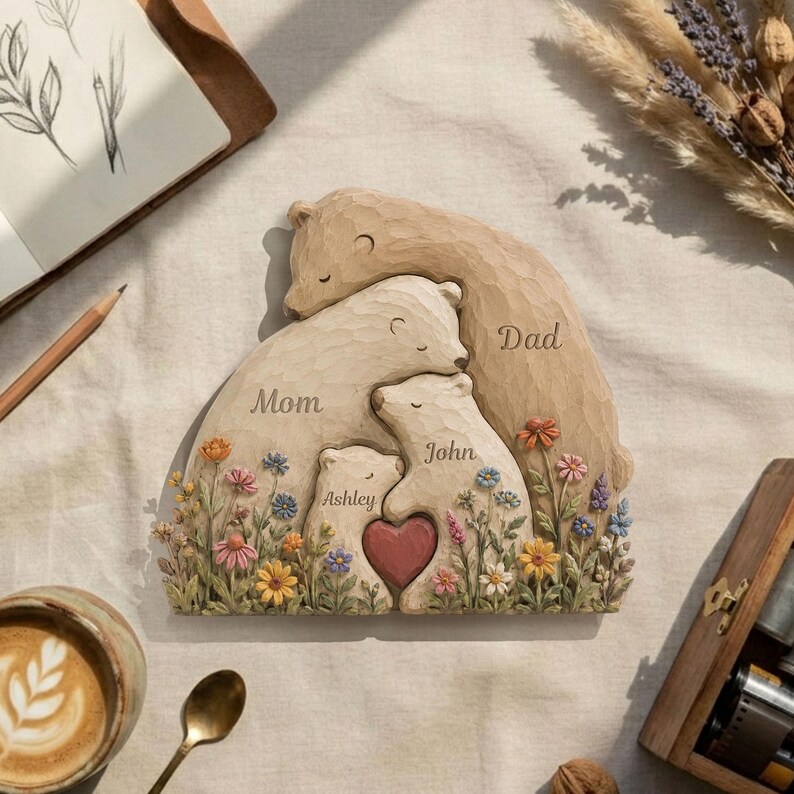 K&ouml;nnte beinhalten: Eine geschnitzte Holzskulptur einer B&auml;renfamilie. Die Skulptur zeigt eine Mutter, einen Vater und zwei Jungtiere, mit den Namen "Mom", "Dad", "John" und "Ashley". Ein rotes Herz befindet sich in der Mitte. Die B&auml;ren sind von bunten Blumen umgeben.