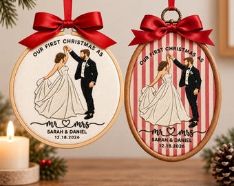 First Christmas Married Embroidered Ornament, Mr Mrs Christmas Hoop, Newlywed Gifts, Wedding Anniversary Keepsake