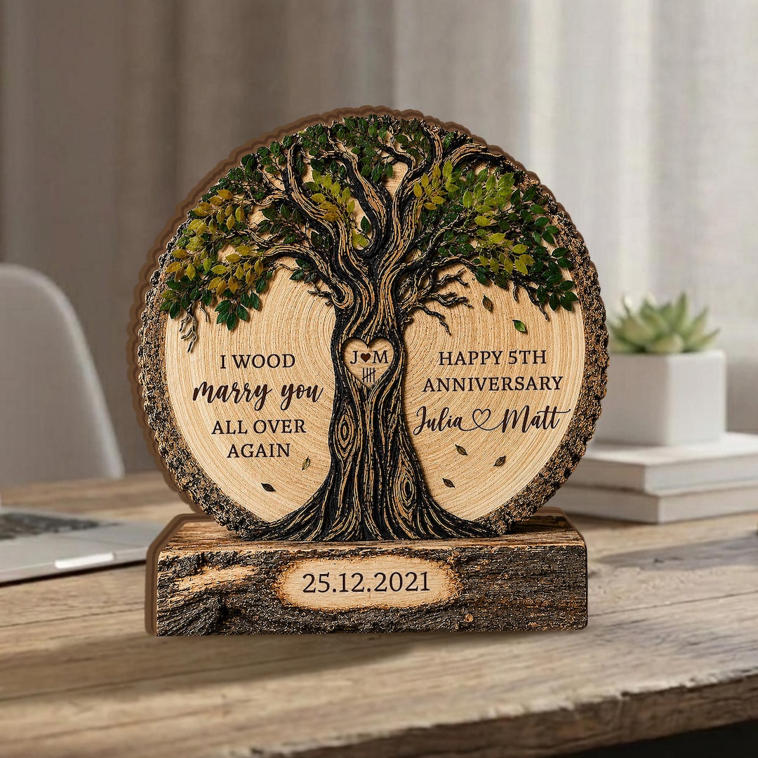 Personalized Couple Tree Wooden Block, Wood Anniversary Gift for ...