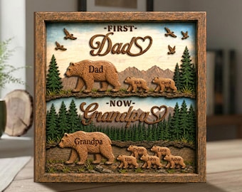 First Dad Now Grandpa Wooden Block for Father's Day, Custom Grandpa and Dad Bear with Kids Name, Gift for Grandpa,Home Decor Family Keepsake