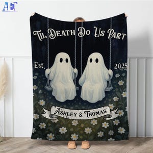 Ghost Couple &#39;Till Death Do Us Part&#39;, Personalized Wedding Blanket Spooky Halloween Tapestry Woven Ghost Gifts His & Hers Anniversary Gifts