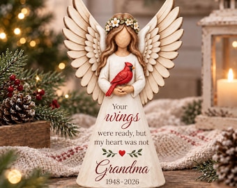 Personalized Memorial Angel with Cardinal Wooden Block, Custom Name Sympathy Gift,In Loving Memory Angel Bereavement Figurine,Christmas Gift