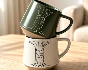 Personalized Engraved Pottery Mug For Couple, Wedding Gift, Custom Carved Initials In A Heart Tree Mug, Engagement Gifts, Newlywed Gift
