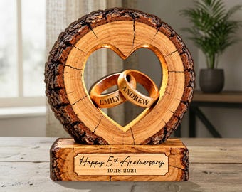 Personalized Couple Heart Ring Wooden Block, 5th Wedding Anniversary Gifts, Custom Couple Name Sign, Wood Anniversary Gifts For Couple