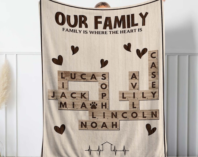 Personalized Scrabble Puzzle Blanket, Grandkids Crossword Throw Blanket, Custom Scrabble Family Art, Grandparents Gift, Family Name Blanket