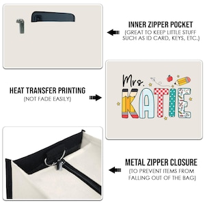 May include: A beige canvas tote bag with a black zipper closure and a black inner zipper pocket. The bag has a heat transfer print of the text "Mrs. KATIE" in colorful letters with a pencil and apple design.