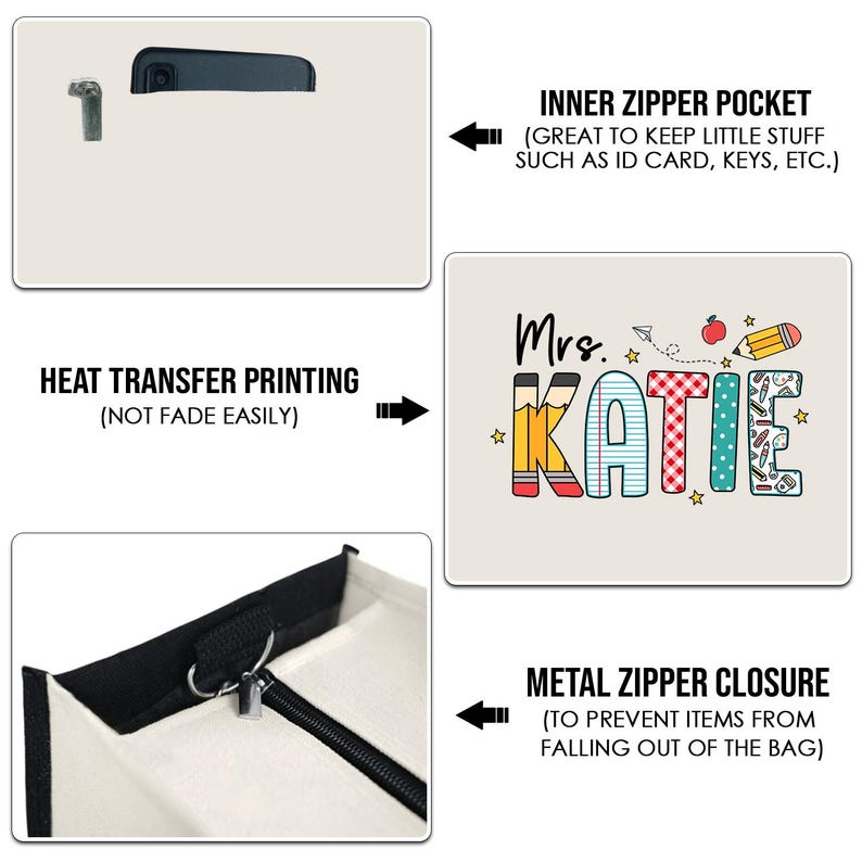May include: A beige canvas tote bag with a black zipper closure and a black inner zipper pocket. The bag has a heat transfer print of the text "Mrs. KATIE" in colorful letters with a pencil and apple design.