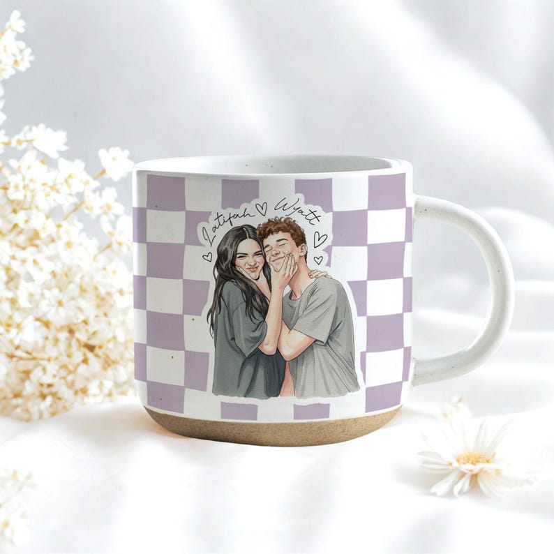 Sentimental Spring Mugs Personalized Watercolor Photo Couple Pottery Mug, Portrait Mug for ...