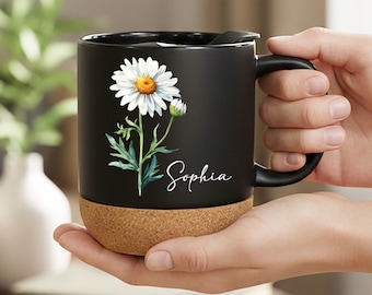 Personalized Coquette Birth Flower Pottery Mug With Cork Base, Custom Floral Coffee Mug, Gift For Mom, Gift For Daughter, Best Friend Gift