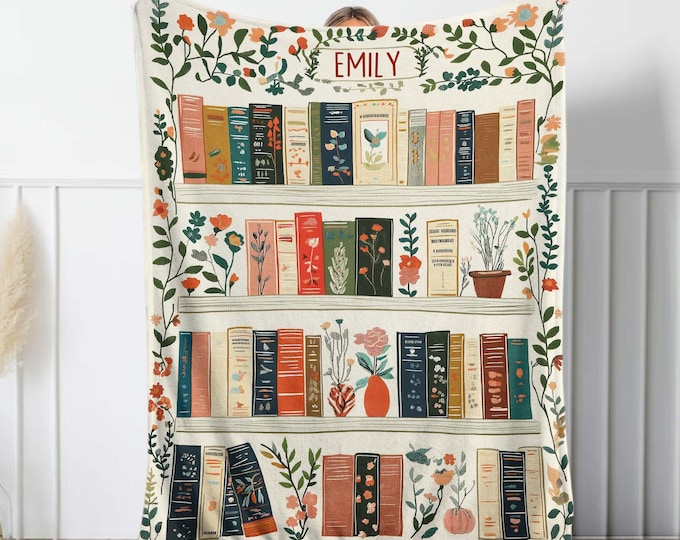 Custom Name Vintage Bookshelf Blanket, Boho Wildflowers Library Bookish Quilt, Cottagecore Flower Book Gift,Retro Book Lover Gift For Reader