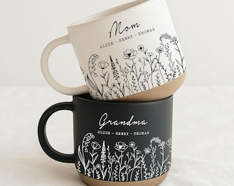 Personalize Mom Wildflower Pottery Coffee Mug, Floral Engraved Ceramic Mug with Name, Gift for Mom, Grandma Mug Gift, Mother's Day Gifts