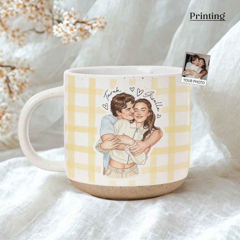 Sentimental Spring Mugs Personalized Watercolor Photo Couple Pottery Mug, Portrait Mug for ...