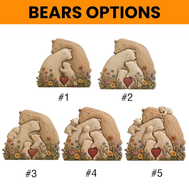 K&ouml;nnte beinhalten: Das Bild zeigt f&uuml;nf B&auml;renfamilien-Skulpturen, jede mit einer anderen Anordnung der B&auml;ren. Die Skulpturen sind in Braun- und Cremet&ouml;nen gehalten, mit einem Herz und Blumen. Der Text "BEARS OPTIONS" steht oben, mit Nummern unter jeder Skulptur.