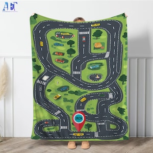 Personalized Car Track Blanket, Play Car Race Throw Blanket, Toy Cars Baby blanket, Road Mat Blanket, Funny Birthday Gift For Kids Mom Dad