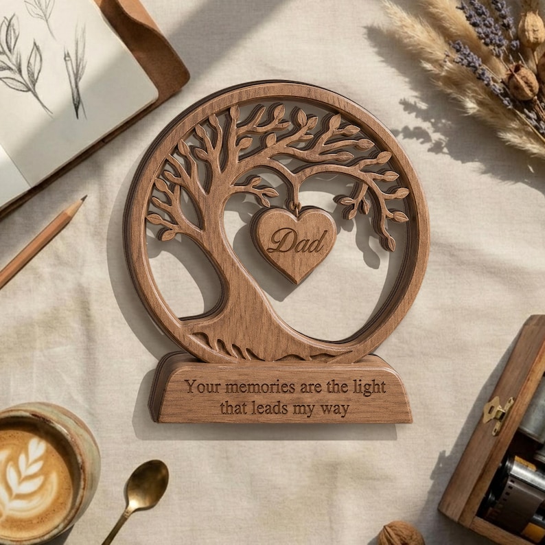 May include: A circular wooden ornament featuring a laser-cut tree design with a heart-shaped pendant in the centre engraved with the word "Dad". The base is engraved with the text "Your memories are the light that leads my way".