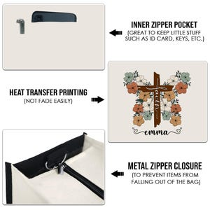 May include: A beige canvas tote bag with a black zipper closure and a black inner zipper pocket. The bag features a heat transfer print of a cross with flowers and the words "faith" and "emma".