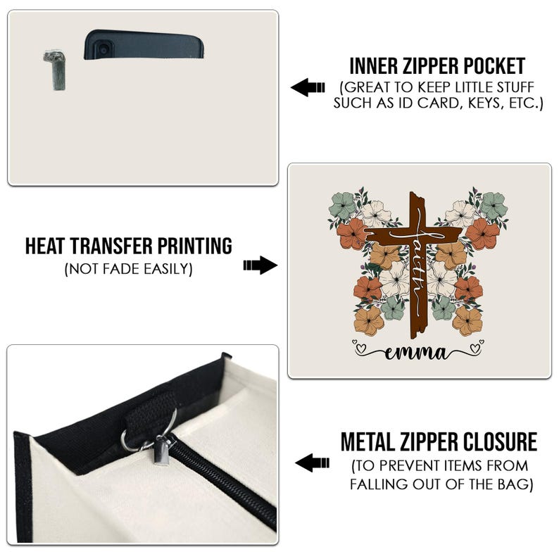 May include: A beige canvas tote bag with a black zipper closure and a black inner zipper pocket. The bag features a heat transfer print of a cross with flowers and the words "faith" and "emma".