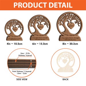 May include: Three circular wooden tree sculptures with a heart pendant engraved with 'Dad' and a base inscribed with 'Your memories are the light that leads my way'. Sizes are 10.2 cm, 15.2 cm, and 20.3 cm. Side view shows 15 mm thickness.